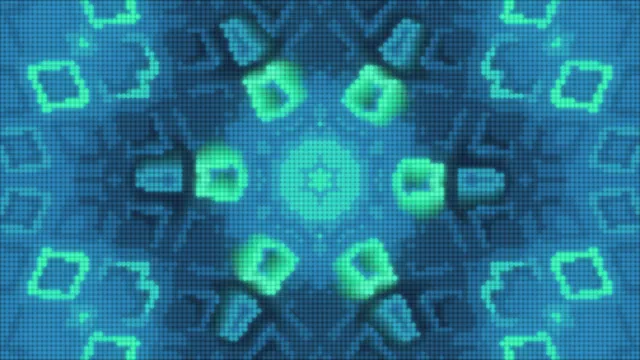 Glowing green squares in a kaleidoscope on a blue panel