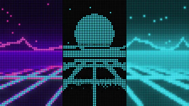 One synthwave sunset drawn three ways: as a colour LED panel, a flip-dot board and a VFD